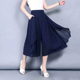 Dresses Elastic High Waist Slim Elegant Chiffon Capris Female Pants Skirts Women Summer Wide Leg Medium Long Leisure Loose Trousers