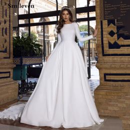 Dresses Smileven Satin Princess Wedding Dresses Long Sleeve Backless Caftan Elegant Bride Dress Vestido De Noiva Muslim Wedding Gowns