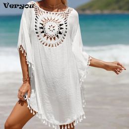 Dress Beach Cover Up for Women Knitted Sunflower Beach Wear Solid Fringe Tunic Ladies White Bathing Suit Coverups Bikini Shirt Dress