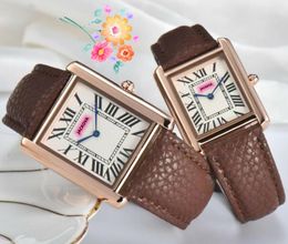 Top brand men and women tank roman dial watches square case leather strap quartz movement auto date Hip Hop Iced Out cute lady boy dress lovers clock watch gifts