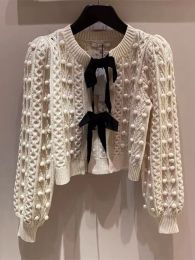 Cardigans Autumn Winter Sweet Girls Double Bowknot Hairball Twist Knitted Cardigan Sweater Women Long Sleeve Lace Up Wool Jumper Crop Tops