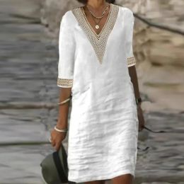 Dress Women Cotton Linen Dress 2023 Summer Sexy Vneck White Dress Elegant Luxury Casual Solid Colour MidSleeve Female Y2k Streetwear