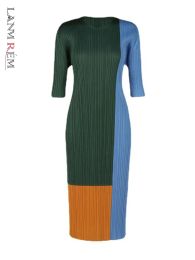 Dress LANMREM Pleated Dress For Women Patchwork Color Block Design Round Neck Long Length Elegant Midi Dresses Ladies 2WA127