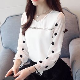 Blouse 2021 Chiffon Women's Clothing Sweet Oneck Black Dot White Feminine Tops Blusas Long Sleeve Women Blouse Shirt Fashion