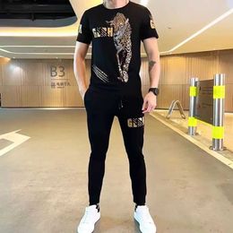 Men's Tracksuits Mens new 2-piece sports T-shirt+casual pants fashion trend design heavy-duty printed diamond ultra-thin high-quality mens set J240305