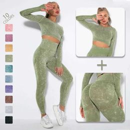 Women's Tracksuits Seamless Yoga Set Sports Fitness Exercise High Waist Peach Hip Lifting Pants Long Sleeve Set Gym Leg Set J240305