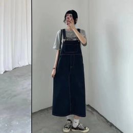 Dress Summer Denim Overall Dress Wommen Dark Blue Suspenders Jean Dresses Korean Casual Fashion Straight Loose Pocket Long Skirt