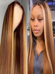 Ombre Highlight woman Wig Brown Honey Blonde Coloured HD Front Human Hair Straight Full Lace Frontal5296705