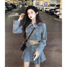 Work Dresses Spicy Girl Fashion Denim Coat Pleated Skirt Two-piece Set Women Retro Ruched Sweet College Cool Solid Slim Korean Spring Suit