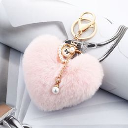 Autumn Winter Love Imitation Rabbit Hair Keychains Pearl Peach Heart Bag Keyring Plush Accessories Woolly Ball Car Key Pendant