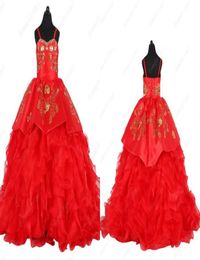 Modest Red and Gold Embroidery Charra Little Girls Pageant Dress 2022 Ball Gown Organza Satin Beads Flower Girl First Communion Dr3033809