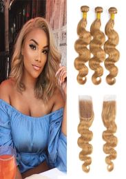 Body Wave 27 Coloured Hair Bundles with Closure Malaysian Peruvian Brazilian Blonde Virgin Human Hair Weave with 4X4 Lace Closure4030226