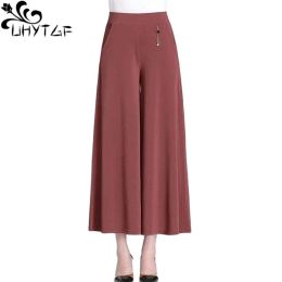 Capris UHYTGF Fashion Summer Culottes Women's Elastic High Waist Wide Leg Female Thin Trousers Elegant Ladies Casual Skirt Pants 1765