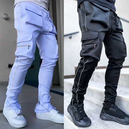 Godlikeu Cargo Pants Spring and Autumn Mens Stretch Multi-pocket Reflective Straight Sports Fitness Casual Trousers Joggers