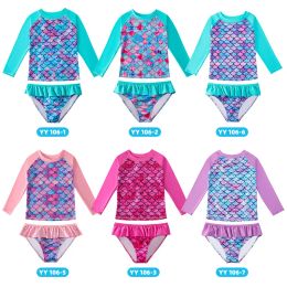 Swimwear Children's Mermaid Split Bathing Suit Baby Girl Fish Scale 3D Printing Sunblock Swimsuit Kids Long Sleeves Top+Bikini 2Pcs Set