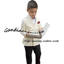 Boys Suit Cream Double Breasted Jacket Pants Set of 2 Fashion Kids Wedding Tuxedo Child Clothes Custom 240226