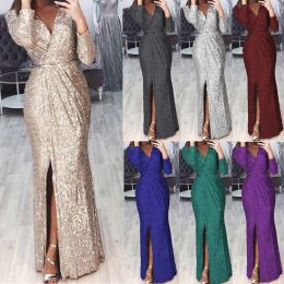 Dress Gold Sliver Sequined Party Dress Women Spring Autumn V Neck Long Sleeve Front Split Bodycon Party Vestidos Bling Clubwear