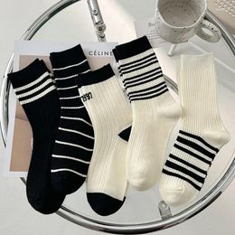 Women Socks Black And White Women's Mid-tube Cotton Embroidered Stripes Breathable Double Needle Spring Summer Sports