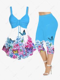 Suits Plus Size Printed Cinched Tank Top Or Capri Leggings Women's Casual Butterfly Rose Flower Colourful Feather Moon Matching Suit