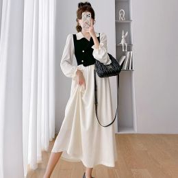 Dresses 2023 Autumn and Winter Knitted Patchwork Pregnant Women's Dress Long Flare Sleeve Turndown Collar Maternity Loose Dress Elegant