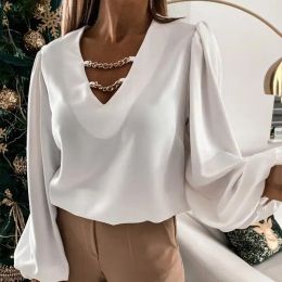 Blouse Lantern Long Sleeve Chain Women Blouse Spring White VNeck Hollow Out Female Tops 2021 New Fashion Casual Loose Ladies Blouses