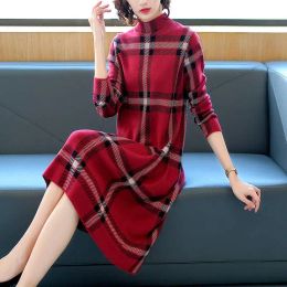 Dress Red Plaid Stand Collar Dress Women's Autumn and Winter Women's MidLength over the Knee Woman Dress Vestido De Mujer Femme Robe