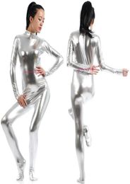 Sexy Women Body Suit Costumes Silver Shiny Lycra Metallic Women039s Catsuit Costume No HeadHand Halloween Party Fancy Dress Co4588821