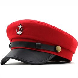 Casual Summer Military Caps Woman Cotton Beret Flat Hats Captain Cap Trucker Vintage Red Black Dad Bone Male Womens leather hat 240226