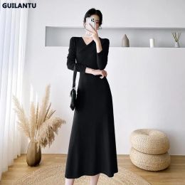 Dress 2023 Korean Style Knitted Dresses Women V Neck Long Sleeve Solid Slim Sweater Knit Dress Elegant Vintage Evening Party Dresses