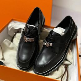 Dress Shoes Silver Lock Buckle Front Tie Thick Bottom Black Leather White Round Toe Heel Oxford Loafers Platform British