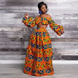 Elegant Women Two Piece Set Dress Sexy Slashneck Sleeveless Blouse Top High Slit Skirt Vintage Africa National Print Lady Suit 240226