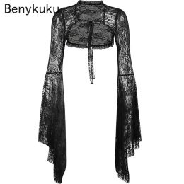 Cardigans Vintage Gothic Black Lace Cardigan Women Streetwear Flare Sleeve See Through Sexy Smock Top Aesthetic Cropped Tops Women Bolero