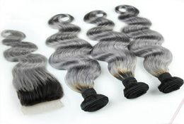 1BGrey Brazilian Ombre Human Hair Bundles With Silver Grey Lace Closure Two Tone Colored Hair Weave With Closure Body Wavy 4PcsL3019767