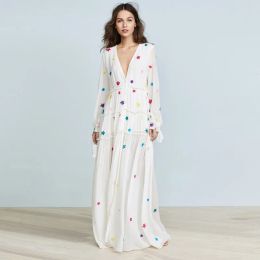 Dresses Summer Vacation Bohemian Beach Dress Deep V Sexy Embroidery Beach Vacation Star Embroidered Long Dress