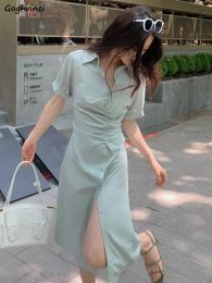 Dress Midi Dress Women Solid Folds Design Slim Fit Aline Short Sleeve Korean Style Vestido Feminino Temperament Simple Daily Fashion