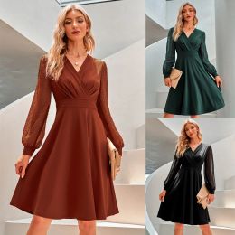 Dress Black Midi Solid Dress For Women 2023 Autumn Winter Long Sleeve Vneck Elegantes Evening Dresses Streetwear Clothing Vestidos