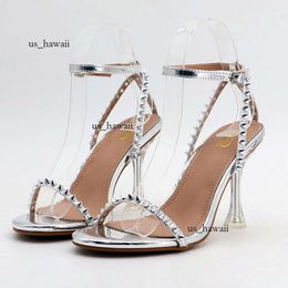 High Rivets Women 2023 Summer Fetish 9cm Sier Gold Clear Heels Sandals Party Wedding Shoes Plus Size 42