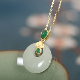 S925 sterling silver Hetian jade safety buckle necklace female retro gold-plated matte atmospheric good luck pendant factory wholesale