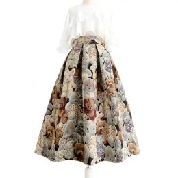 Dresses 2022 Autumn Vintage Kawaii Sweet Women Aesthetic Bear Animal Floral Print Highwaist Long Pleated Skirt Midi Length Brown Linen
