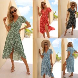 Dress Women Sexy Chiffon Dress Floral Print Dress Vneck Lace Up Dress Asymmetric Ruffle Slit Beach Skirt Casual Style