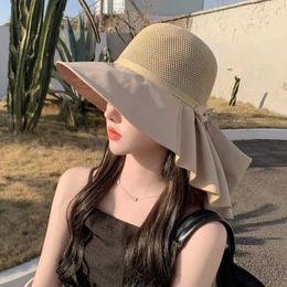 Wide Brim Hats Bucket Hats Summer womens bucket hat with shawl lightweight breathable mesh face and neck sun protection hat arched pleated design travel beach hat J24