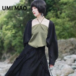 Camis UMI MAO Black Green Chinese Style Neck Tie Up Belly Pocket Women's Short Suspender Top Inside Women Femme Y2K