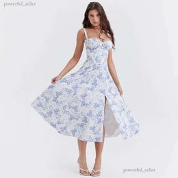 Casual Dresses Corset Dress Split Skirt Bow Tie Chest Frill Details Print Floral Midi Dresses Back Lace Up Robe Clothing Women's Summer Long Dress 785