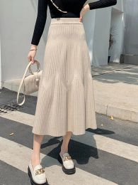 Dresses Tigena 2022 Fall Winter Thick Warm Knitted Midi Long Skirt Women Casual Solid A Line High Waist Pleated Midlength Skirt Female