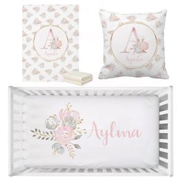 LVYZIHO Personalised Name Blush Gold Floral Bedding Set Birthday Gift Toddler Gift Bedding Set Baby Shower Gift Bedding Set 240220