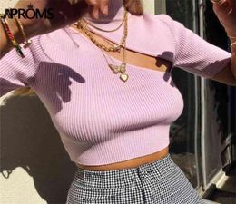 Aproms Candy Colour High Neck Ribbed Knitted Tshirt Women Sexy Short Sleeve Strench Tshirt Ladies Streetwear White Crop Top 2103308143436