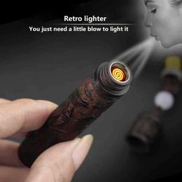 Lighters Windproof Unusual Lighter Supplier Carved Sandalwood USB Lighter Mens Best Gift Gadget Q240305