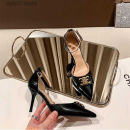 Dress Shoes Waist Bags French Style High Heels 2024 New Metal Button Fashion Single with One Line Buckle Hollow Heel SandalsH2435