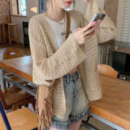 Cardigans Summer Autumn Cardigan Women Loose Solid Hollow Out Simple Design Knitting Leisure Allmatch Summer Elegant Holiday Korean Style