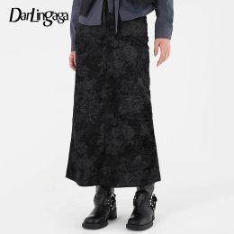 Skirt Darlingaga Vintage Grunge Jacquard Autumn Long Skirt Flowers Printed Slit Chic Women Skirt Gothic Dark Party Aesthetic Corduroy